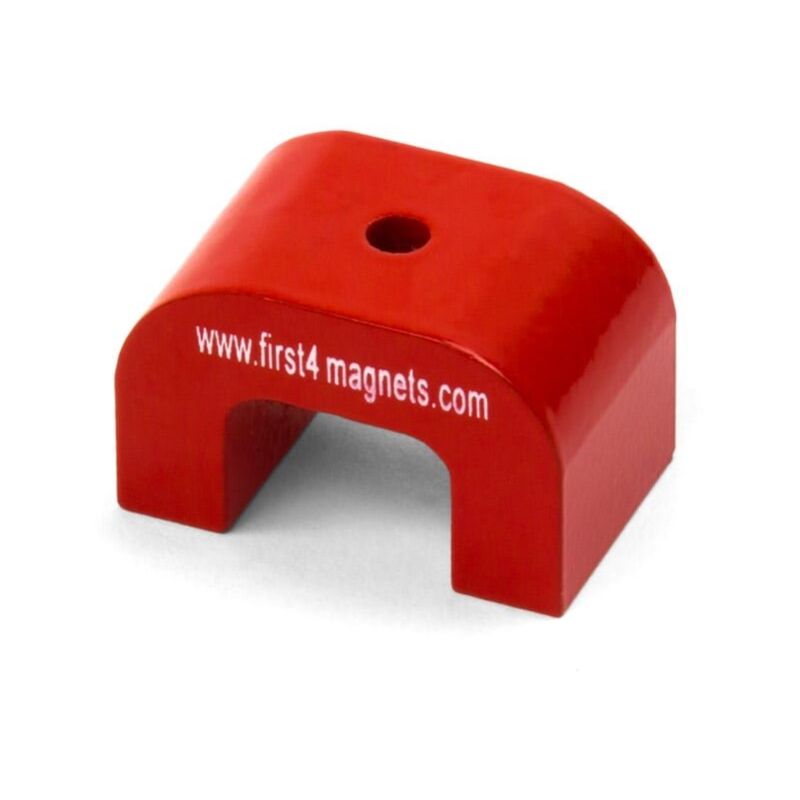foto del prodotto magnete a ferro di cavallo alnico rosso per applicazioni ad alta temperatura, ingegneria e produzione 40mm x 25mm x 25mm 4,5mm foro 9kg di tiro