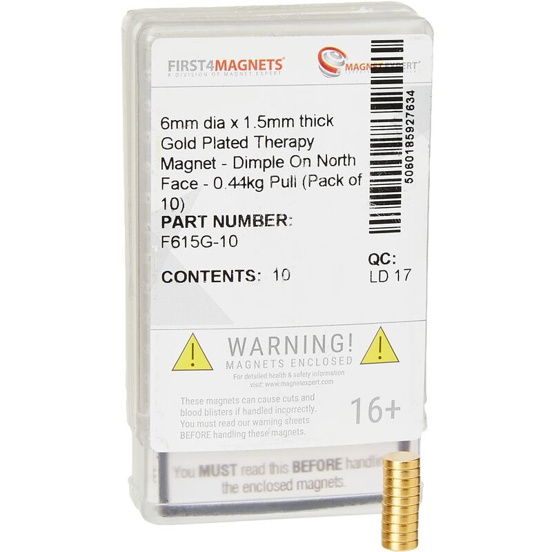 foto del prodotto magnete terapia placcata in oro per terapia magnetica e sollievo dal dolore fossetta sulla faccia nord 6mm dia x 1,5mm di spessore 0,44kg di