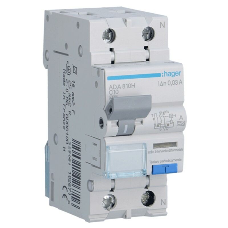 foto del prodotto magnetotermico differenziale hager 1p n 10a 4.5ka 30ma curva c tipo a 2m ada810h
