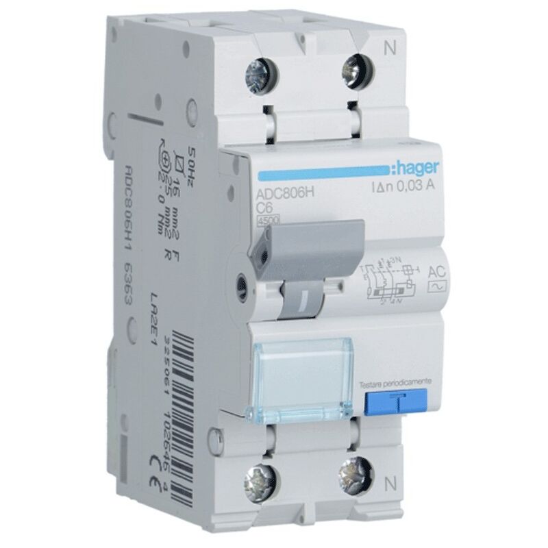 foto del prodotto magnetotermico differenziale hager 1p n 6a 4.5ka 30ma curva c tipo ac 2m adc806h
