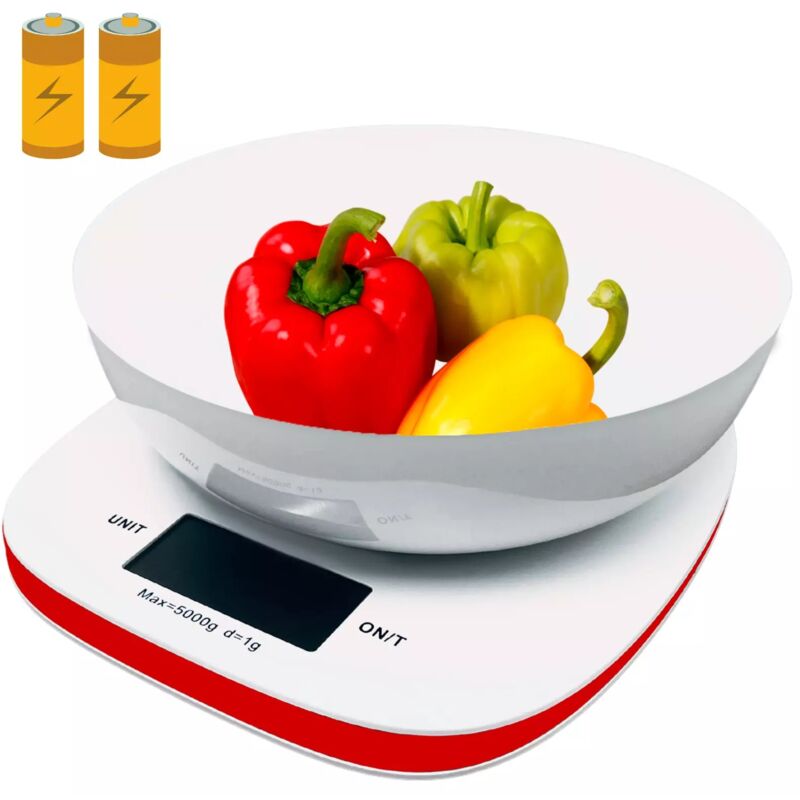 foto del prodotto maka bilancia da cucina digitale con display lcd, alta precisione per alimenti, portata massima 5kg bianco e rossa