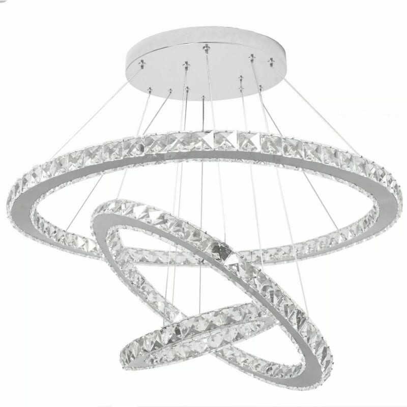 foto del prodotto maka lampadario a sospensione moderno led con 3 cerchi in cristallo, design elegante e raffinato, illuminazione a risparmio energetico per salotto,