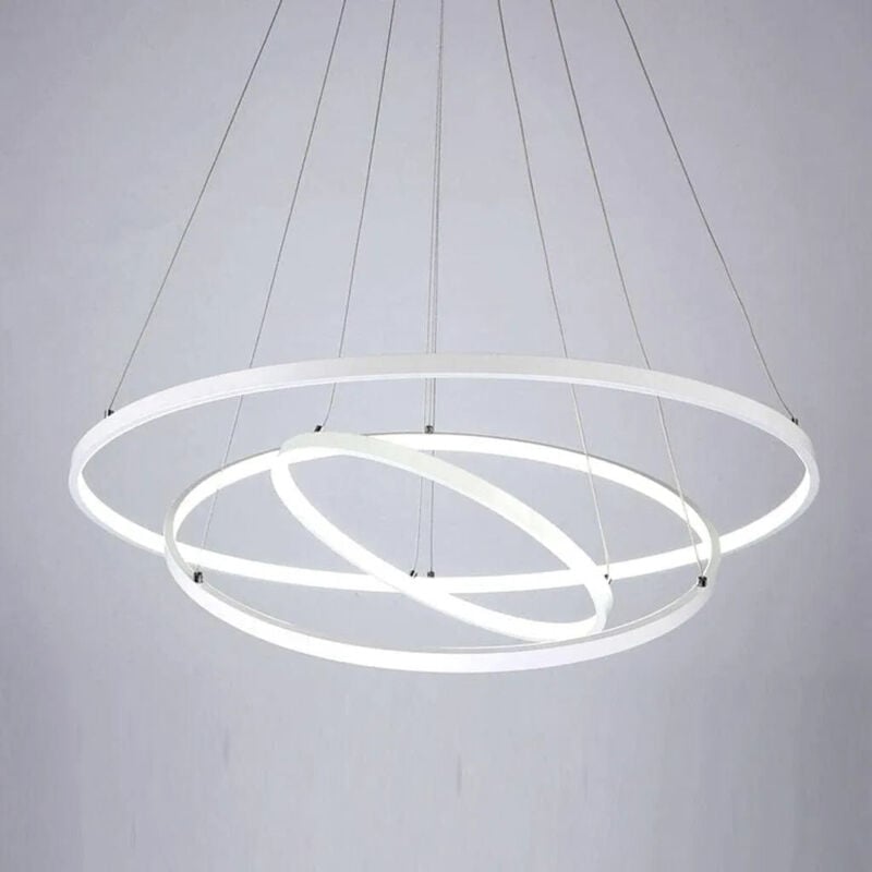 foto del prodotto maka lampadario led 48w a sospensione design moderno con anelli bianchi regolabili in altezza luce fredda 6500k