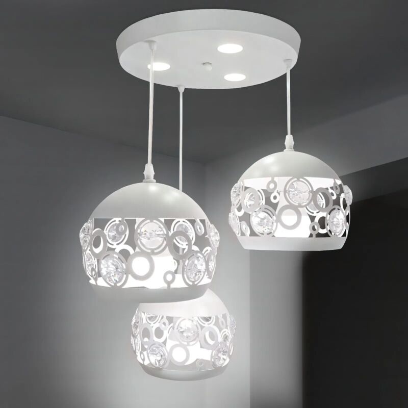 foto del prodotto maka lampadario moderno a sospensione 3 globi in cristallo con attacco e27 e lampadine led incluse, perfetto per arredamento moderno in soggiorno,