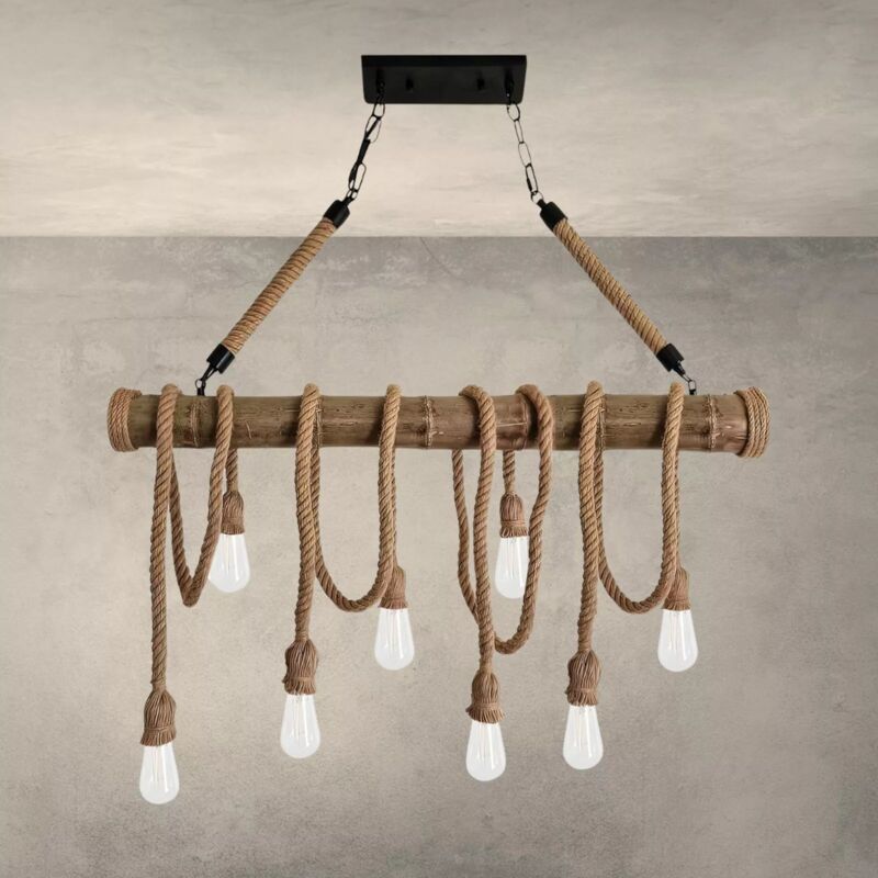 foto del prodotto maka lampadario vintage in corda di canapa con 8 luci, design rustico per pub e ristoranti, materiali di qualit compatibile con lampadine e27 facile