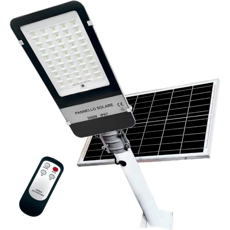 foto del prodotto maka lampione led solare 300w con pannello monocristallino, telecomando, ip66, luce fredda 6500k, 12 ore di autonomia, sensore crepuscolare per