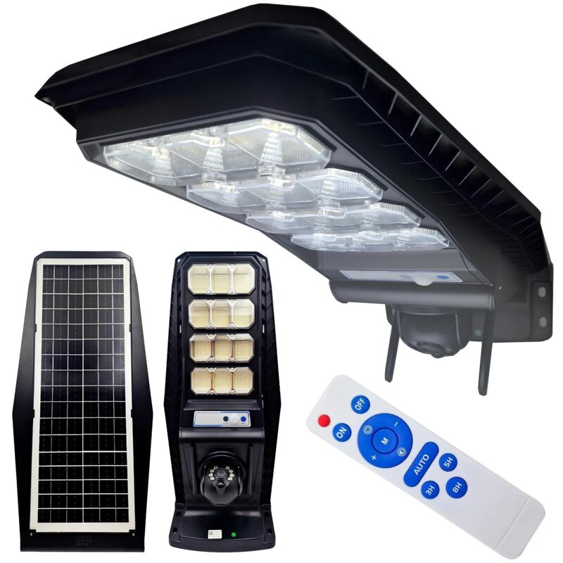 foto del prodotto maka lampione solare 400w con telecamera ip e wifi, sorveglianza 24 7, sensore di movimento pir, controllo remoto e design robusto, illuminazione