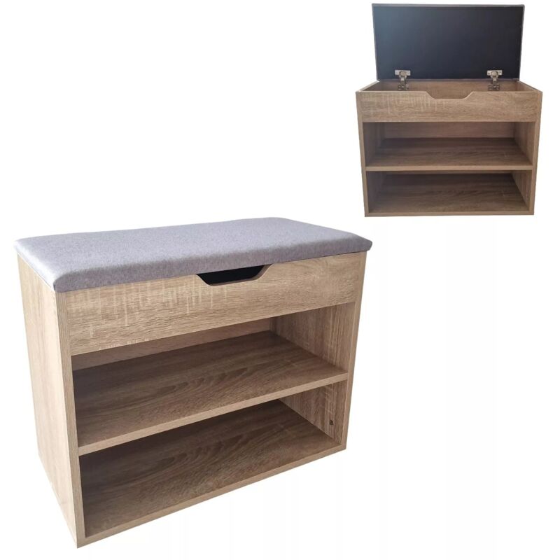 foto del prodotto maka mobile cassapanca scarpiera in melaminico, finitura bianco o rovere con cuscino imbottito salvaspazio, organizer interno per scarpe, vestiti o