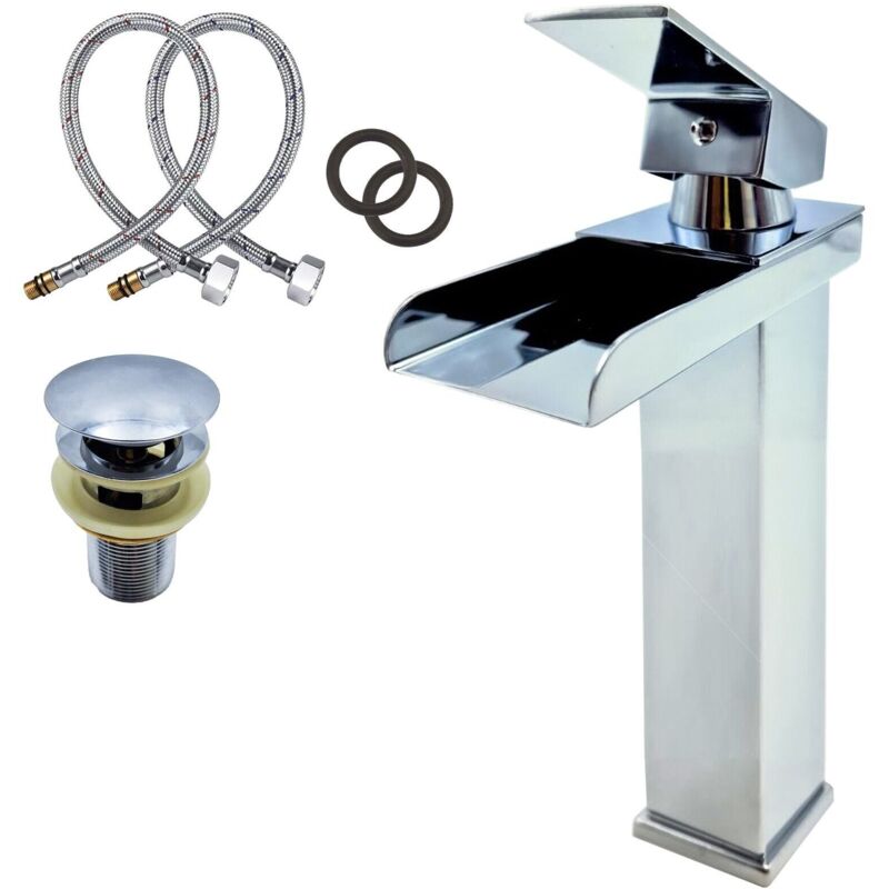 foto del prodotto maka rubinetto a cascata in acciaio inox cromato con piletta inclusa cromato 31.5 cm