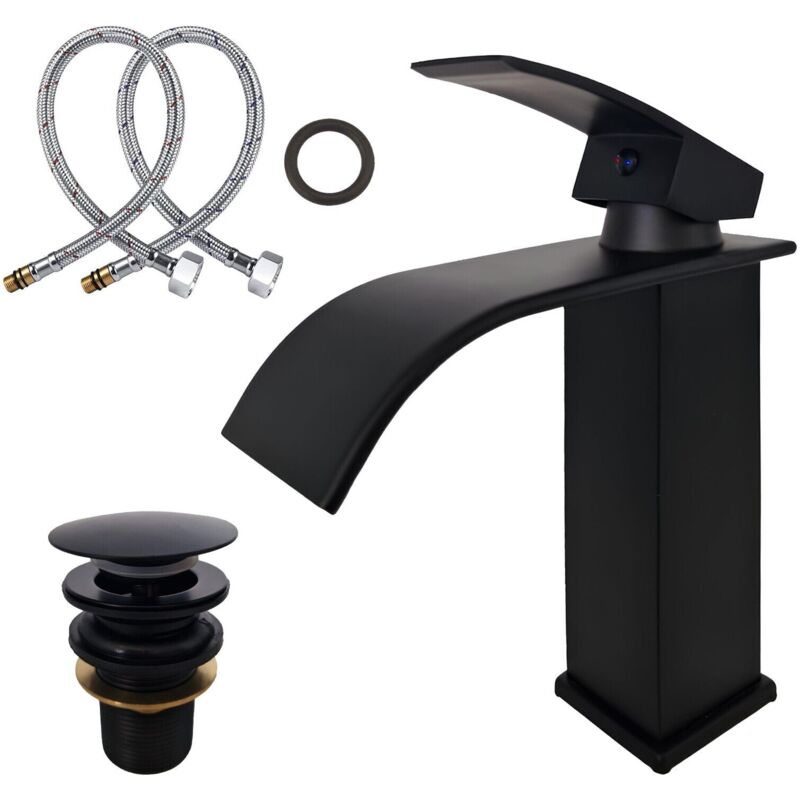 foto del prodotto maka - rubinetto a cascata in acciaio inox cromato con piletta inclusa - nero - 20 cm