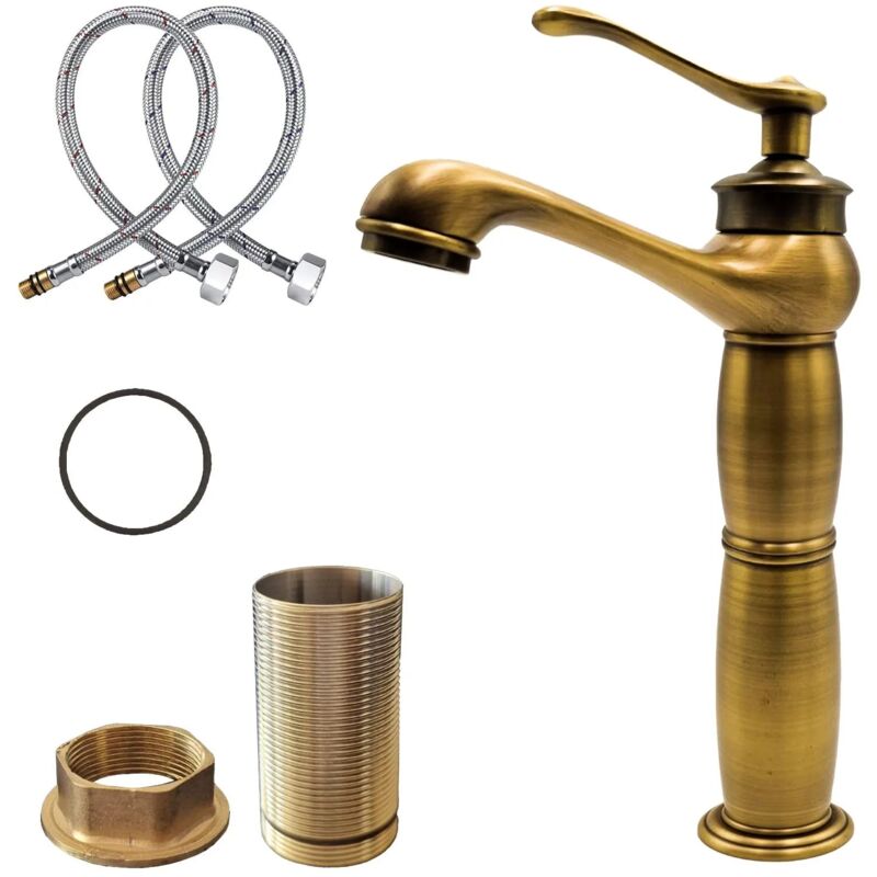 foto del prodotto maka rubinetto lavabo vintage in ottone spazzolato con miscelatore monocomando 27 cm