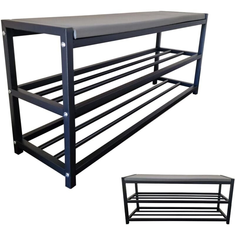 foto del prodotto maka scarpiera salvaspazio slim, 90 cm, 2 ripiani in metallo nera, organizer per scarpe diverse misure, con panca seduta, ideale per ingresso e