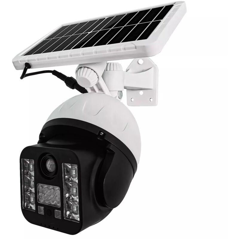 foto del prodotto maka telecamera finta di sicurezza con luce solare 60w e sensore di movimento. perfetta per esterni, con illuminazione led automatica e design