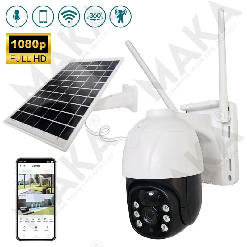 foto del prodotto maka telecamera videosorveglianza solare wifi con controllo remoto, risoluzione full hd, visione notturna e impermeabile. ideale per sicurezza