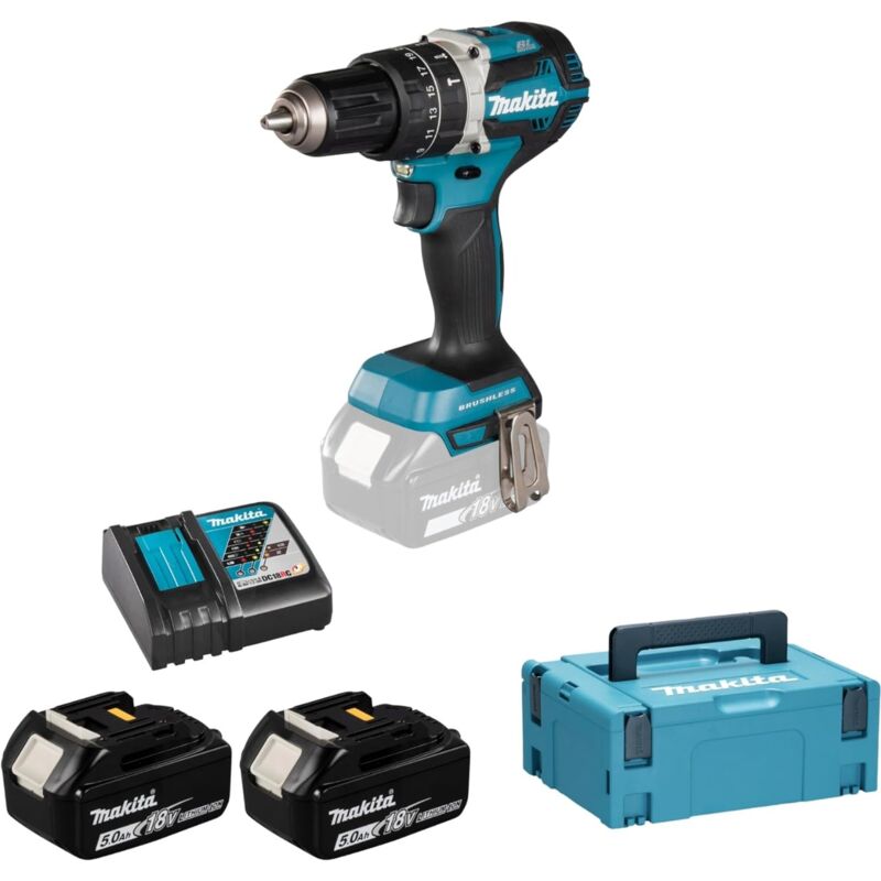 foto del prodotto makita 18 v li ion 5 ah impact driver 13 mm 2 batterie, caricabatterie, valigetta dhp484rtj
