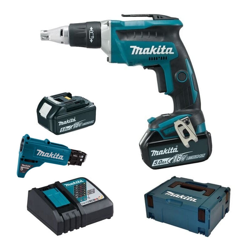 foto del prodotto makita avvitatore automatico 18v agli ioni di litio 5ah 5 x 25 a 55 mm 2 batterie 1 caricatore in valigetta dfs452tjx2
