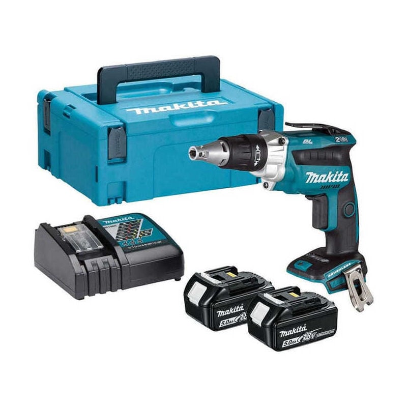 foto del prodotto makita avvitatore per cartongesso 18 v li ion 5 ah 2 batterie, caricabatterie, custodia dfs250rtj