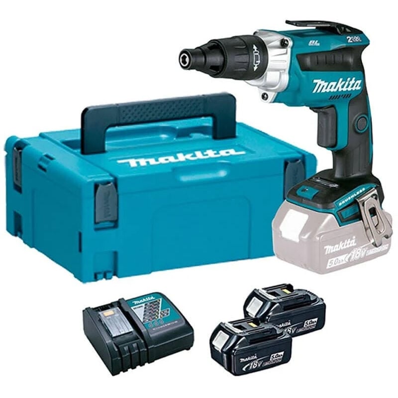 foto del prodotto makita avvitatore per rivestimento 18 v agli ioni di litio 5 ah 2 batterie, caricabatterie, valigetta dfs251rtj