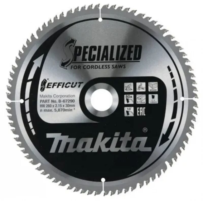 foto del prodotto makita b 67290 lama efficut tct sega circolare 260x30mm 80 denti 2,15mm legno