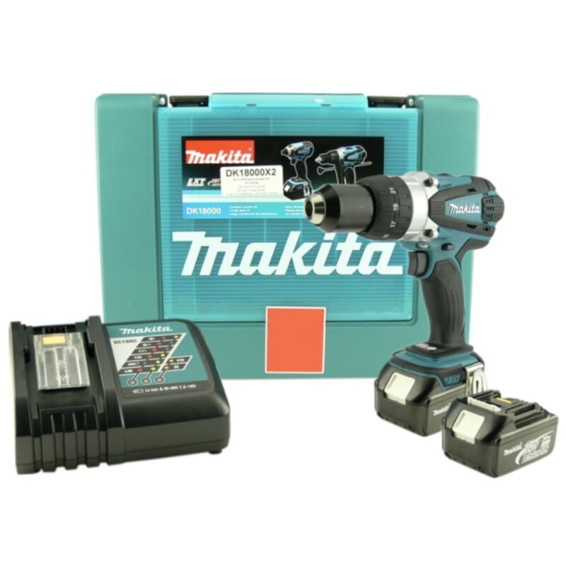 foto del prodotto makita bhp 458 rfe trapano avvitatore con percussione a batteria 18v 2x batterie bl1830 b 3,0 ah caricatore valigetta