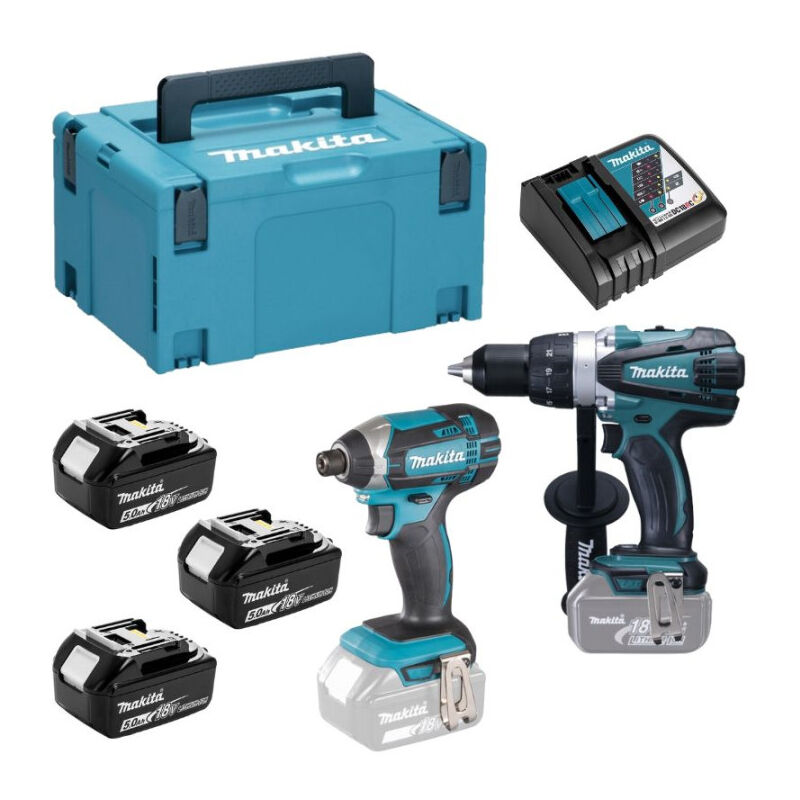 foto del prodotto makita confezione da 2 macchine 18v trapano ddf458 avvitatore a percussione dtd152 con 3 batterie 18v 5.0ah caricabatterie makpac dlx2144tj1