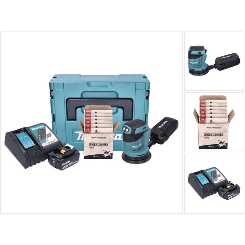 foto del prodotto makita dbo180rf1j levigatrice eccentrica a batteria 125mm 18v 1x batteria 3.0ah caricatore set di levigatura toolbrothers turtle valigetta