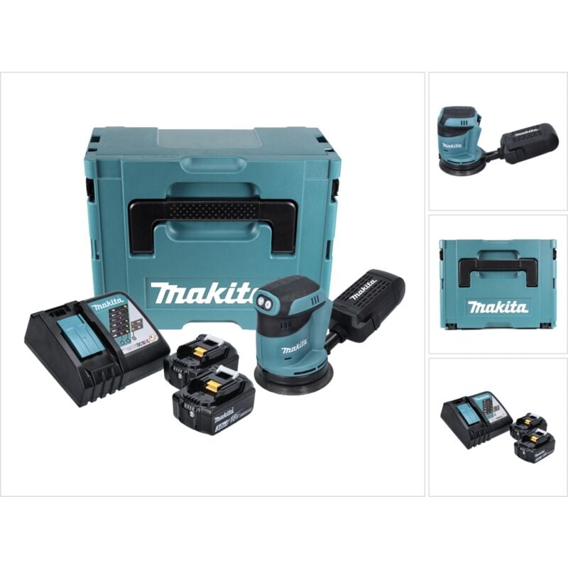foto del prodotto makita dbo180rfj levigatrice orbitale a batteria 125mm 18v + 2x batterie 3.0ah + caricatore + valigetta makpac