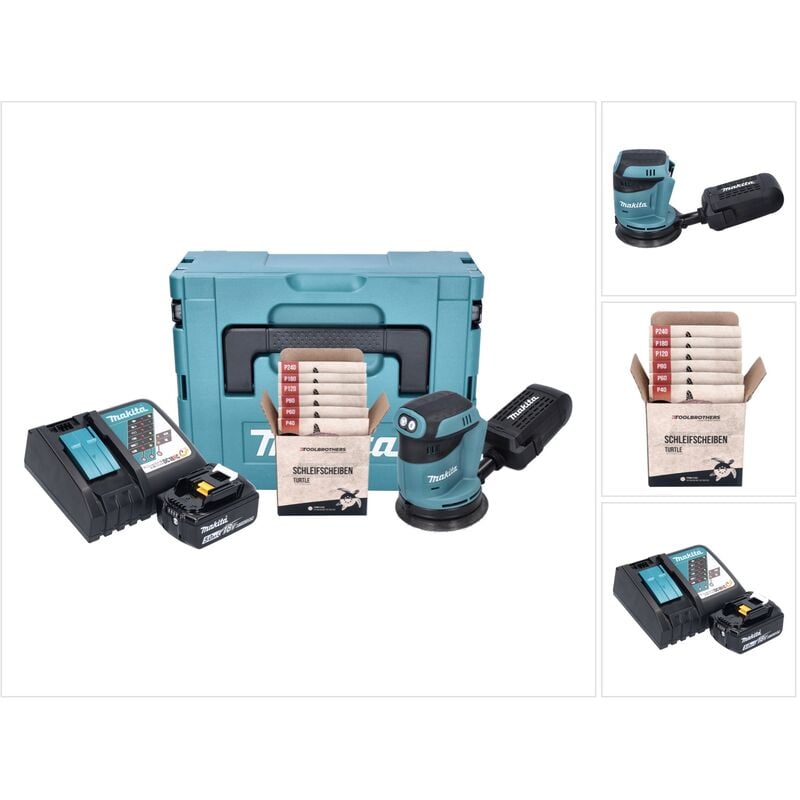 foto del prodotto makita dbo180rt1j levigatrice eccentrica a batteria 125 mm 18v + 1x batteria 5.0ah + caricabatterie + scatola makpac + set di levigatura toolbrothers