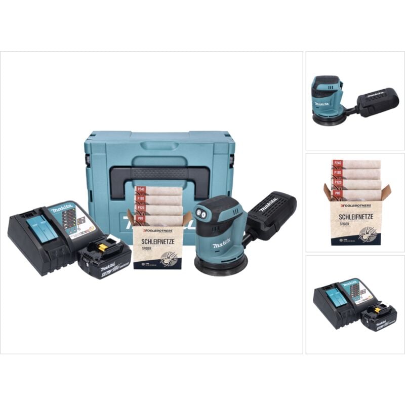 foto del prodotto makita dbo180rt1j levigatrice eccentrica a batteria 125mm 18v 1x batteria 5.0ah caricatore scatola makpac 1x set di levigatura spider