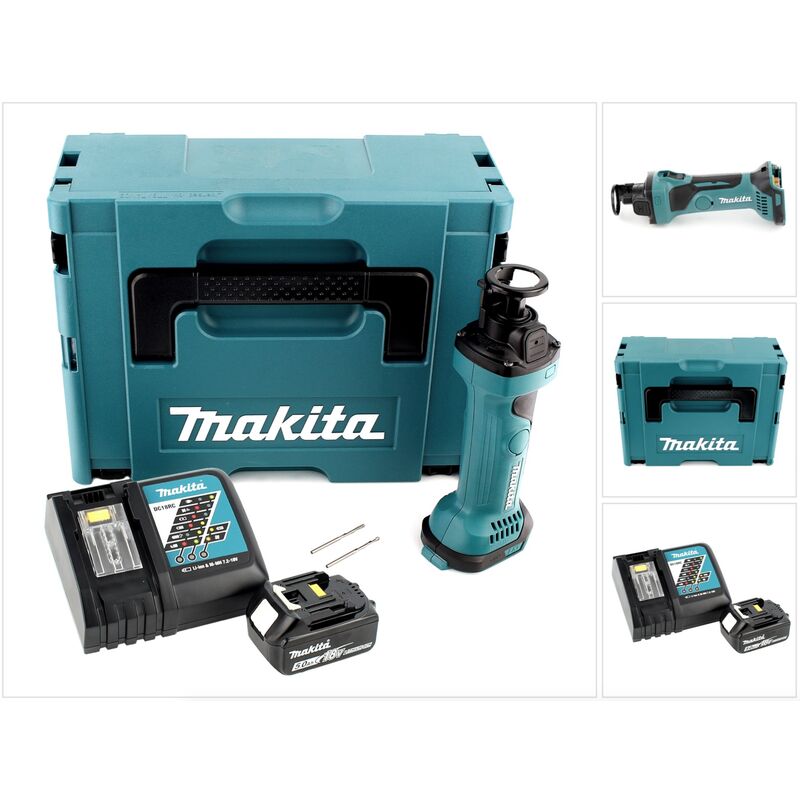 foto del prodotto makita dco 180 rt1j rifilatore per cartongesso a batteria 18v in valigetta makpac 1x batteria 5,0 ah caricabatterie dc 18 rc