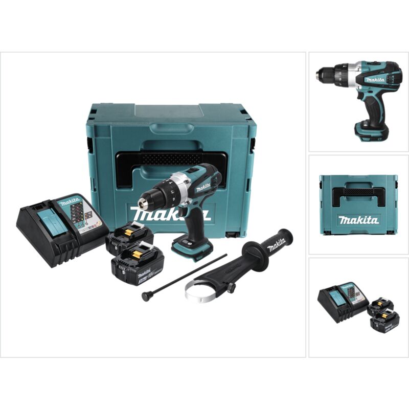 foto del prodotto makita dhp 458 rfj trapano avvitatore con percussione a batteria 18v in valigetta makpac 2x batterie 3,0 ah caricatore