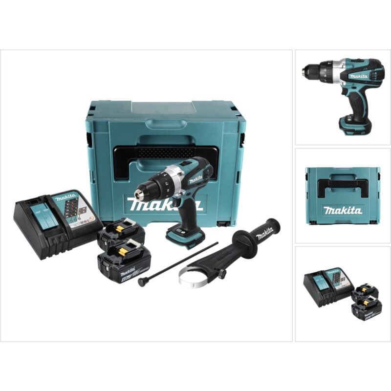 foto del prodotto makita dhp 458 rmj trapano avvitatore con percussione a batteria 18v 91nm in valigetta makpac 2x batterie 4,0 ah caricabatterie
