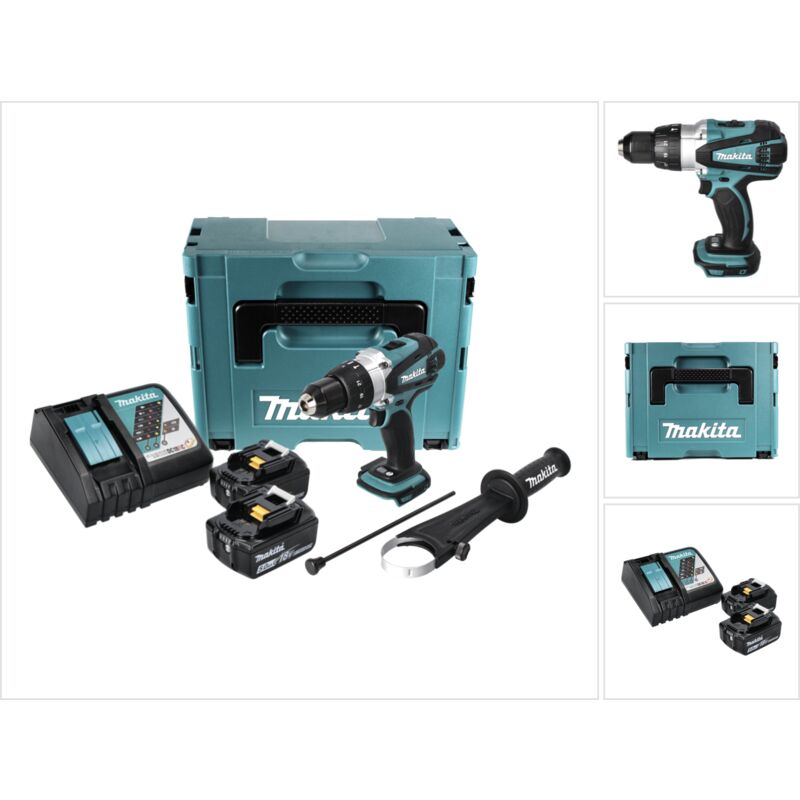 foto del prodotto makita dhp 458 rtj trapano avvitatore con percussione a batteria 18v 91nm in valigetta makpac 2x batterie 5,0 ah caricabatterie