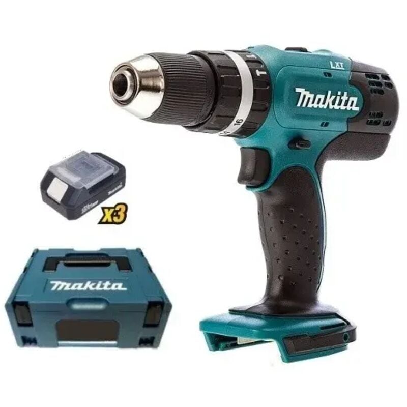 foto del prodotto makita dhp453rf3j trapano avvitatore a percussione 18v con 3 batterie