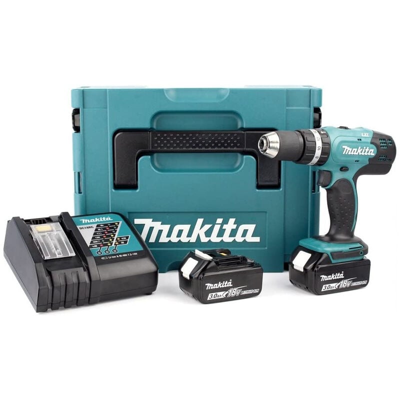 foto del prodotto makita dhp453rfj trapano avvitatore a percussione 18v con 2 batterie