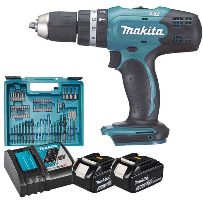 foto del prodotto makita dhp453rfx4 trapano percussione batteria 18v lxt 42nm 2x3,0ah 74 accessori