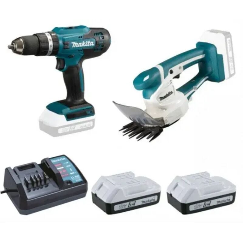 foto del prodotto makita dk18b56y set trapano a percussione e cesoie 18 v con batterie