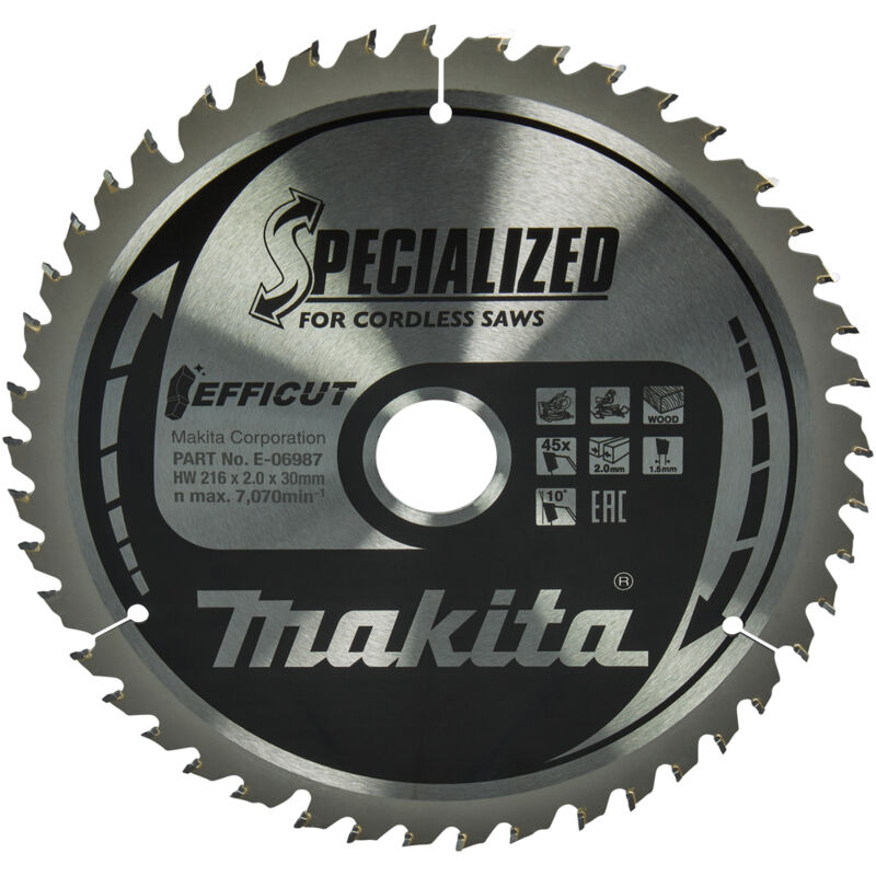 foto del prodotto makita e 06987 lama efficut tct sega circolare 216x20mm 45 denti 1,5mm legno