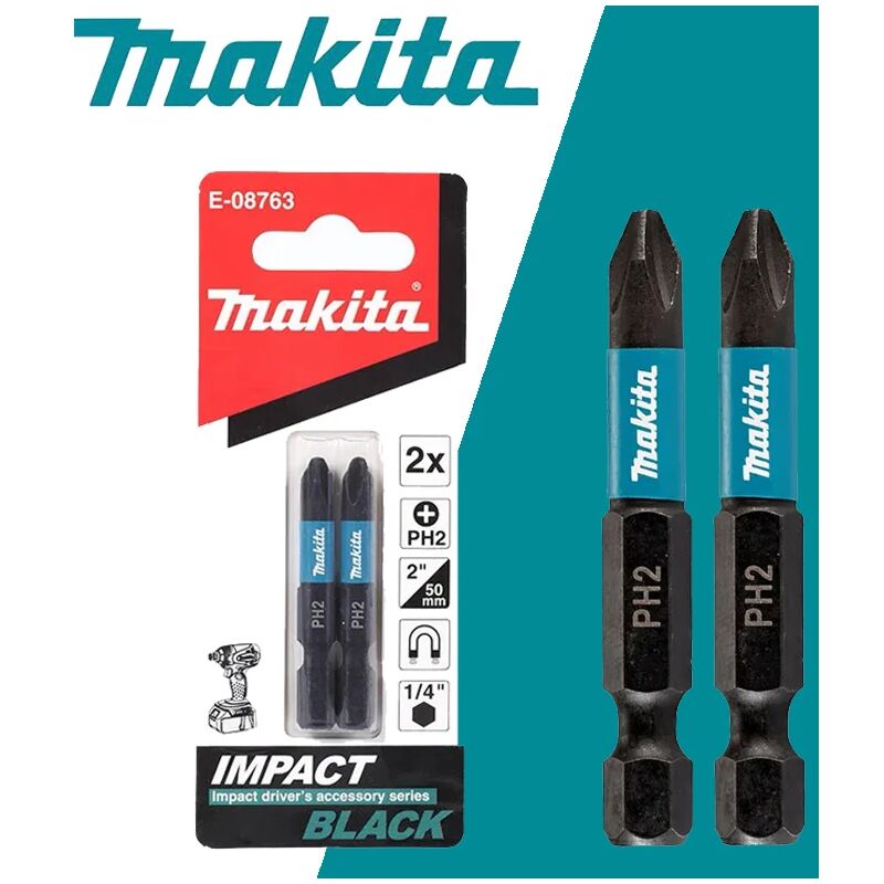 foto del prodotto makita e 08763 1 4 pollice cacciavite a percussione nero ph2 punte lunghezza 50mm 2 pezzi cacciavite phillips testa magnetica parti di utensili