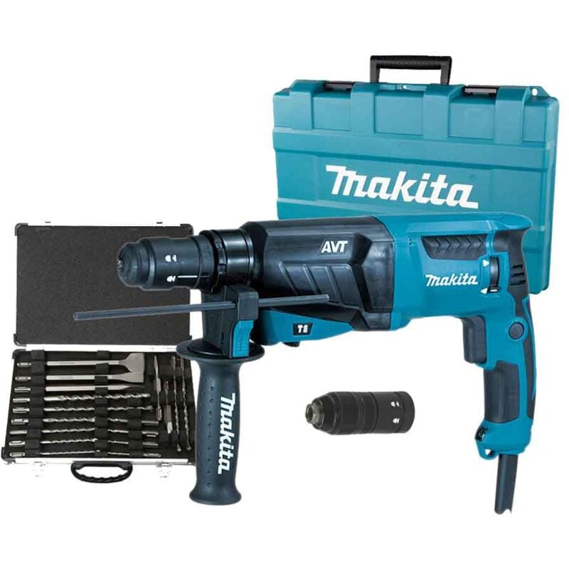 foto del prodotto makita hr2631ft12 tassellatore 800w avt 26mm 3funzioni con set scalpelli e punte