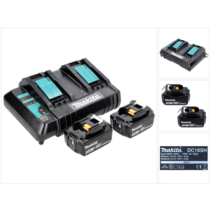 foto del prodotto makita kit di alimentazione 18 v con 2x batteria bl 1830 b 3,0 ah 197599 5 caricabatterie doppio dc 18 sh 199687 4 