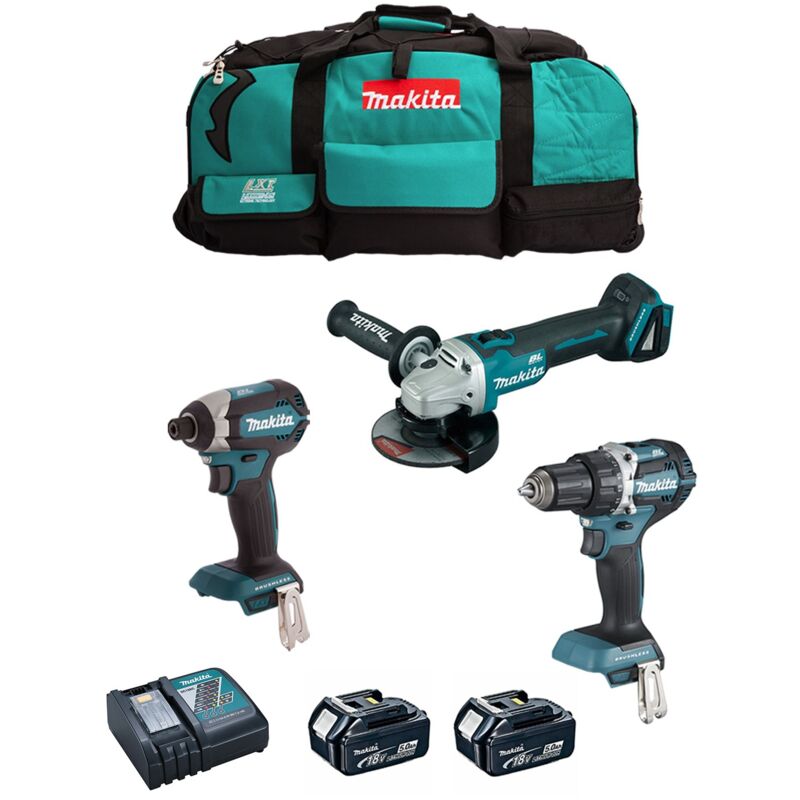 foto del prodotto makita kit dlx3125tx1 ddf484 dtd153 dga506 2 x 5,0 ah dc18rc borsa 