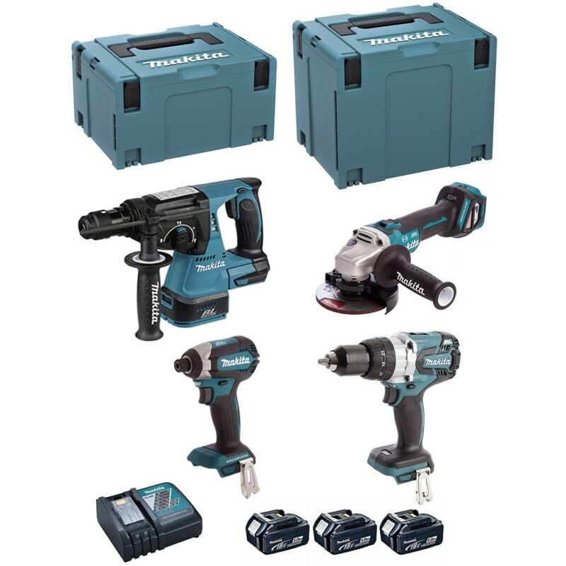 foto del prodotto makita kit dlx4104tj1 dhp481 dhr243 dtd153 dga513 3 x 5,0 ah dc18rc makpac 3 makpac 4 