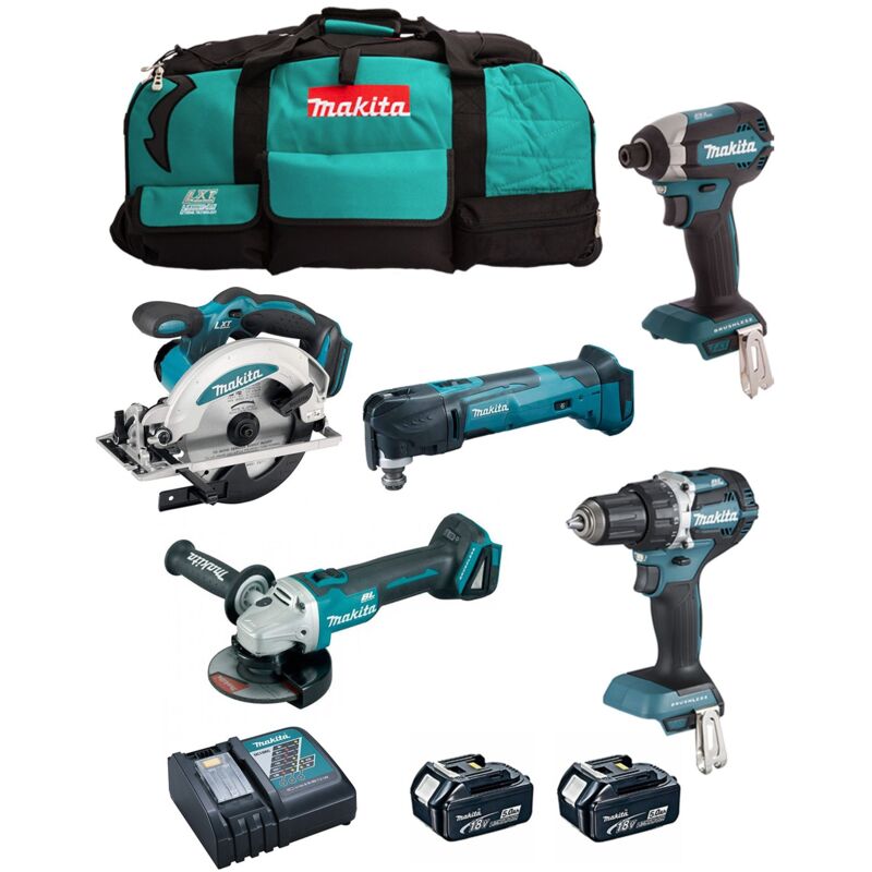 foto del prodotto makita kit dlx5021tx1 ddf484 dga504 dss610 dtd153 dtm51 2 x 5,0 ah dc18rc ltx600 