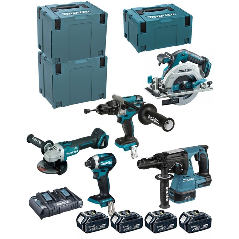 foto del prodotto makita kit dlx5038ptj dhp481 dtd154 dga506 dhr243 dhs680 4 x 5,0 ah dc18rd makpac 3 2 x makpac 4 
