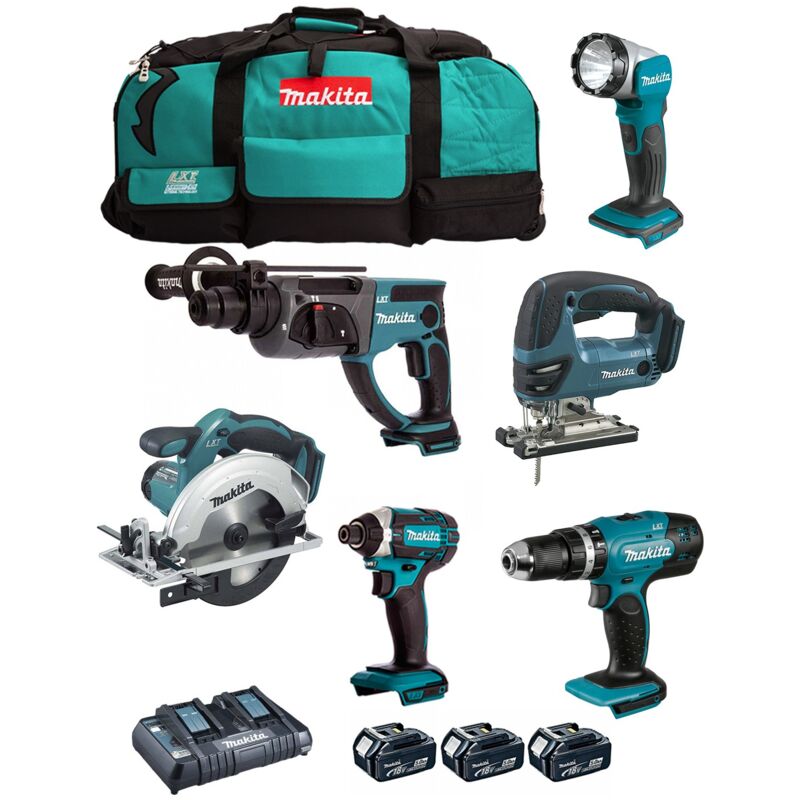 foto del prodotto makita kit dlx6068pt dhp453 dtd152 dhr202 djv180 dss611 dml802 3 x 5,0 ah dc18rd lxt600 
