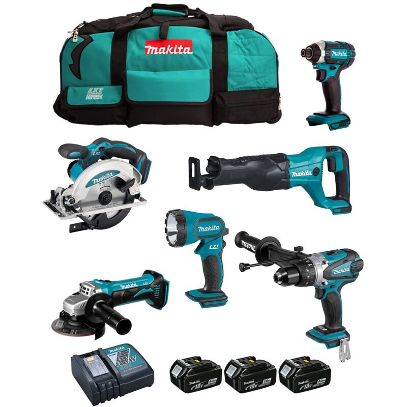 foto del prodotto makita kit dlx6104mx1 dhp458 dtd152 dga452 dss610 djr186 dml185 3 x 4,0 ah dc18rc ltx600 