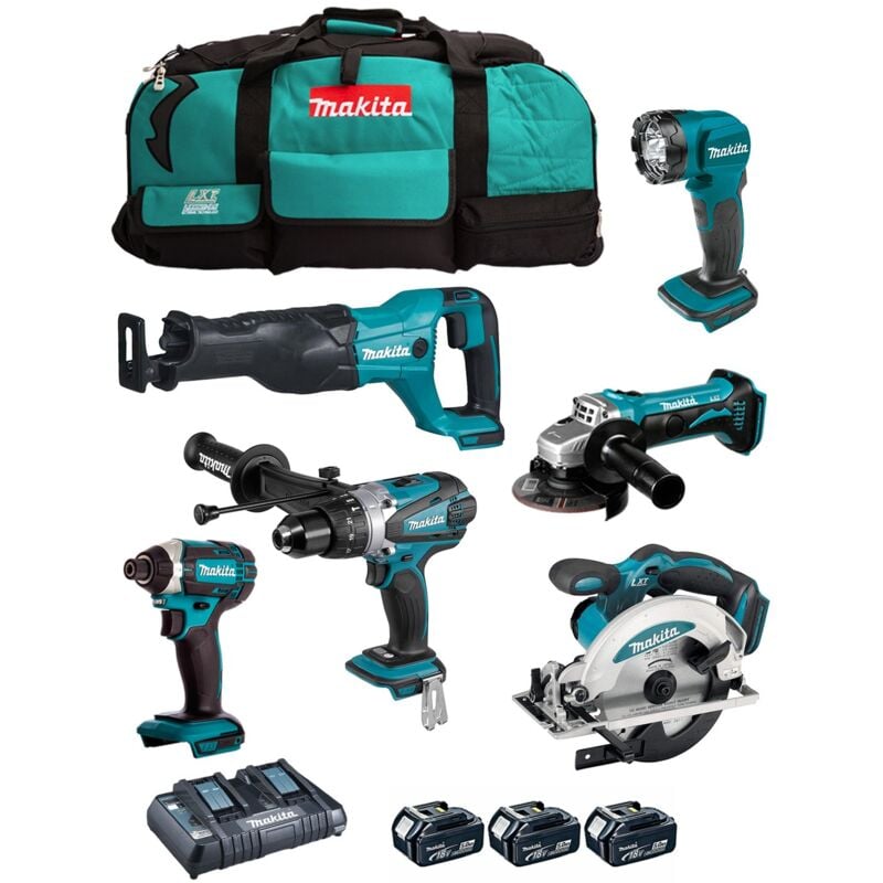 foto del prodotto makita kit dlx6104tx2 dhp458 dtd152 dss610 djr186 dga452 dml815 3 x 5,0 ah dc18rd lxt600 