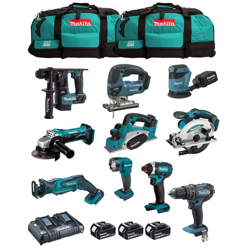 foto del prodotto makita kit mk1003 dhp482 dtd152 dhr171 dga452 djr183 dbo180 djv180 dss610 dml815 dkp180 3x3,0ah dc18rd 2xlxt600 