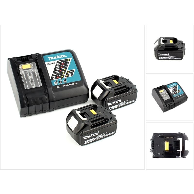 foto del prodotto makita kit power set con 2x batterie bl 1830 b 3,0 ah 18 v caricatore rapido dc 18 rc